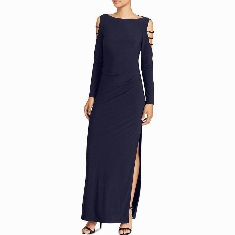 Lauren Ralph Lauren Maxi Dress Size 8‎ Navy Blue Open Shoulder Formal Evening